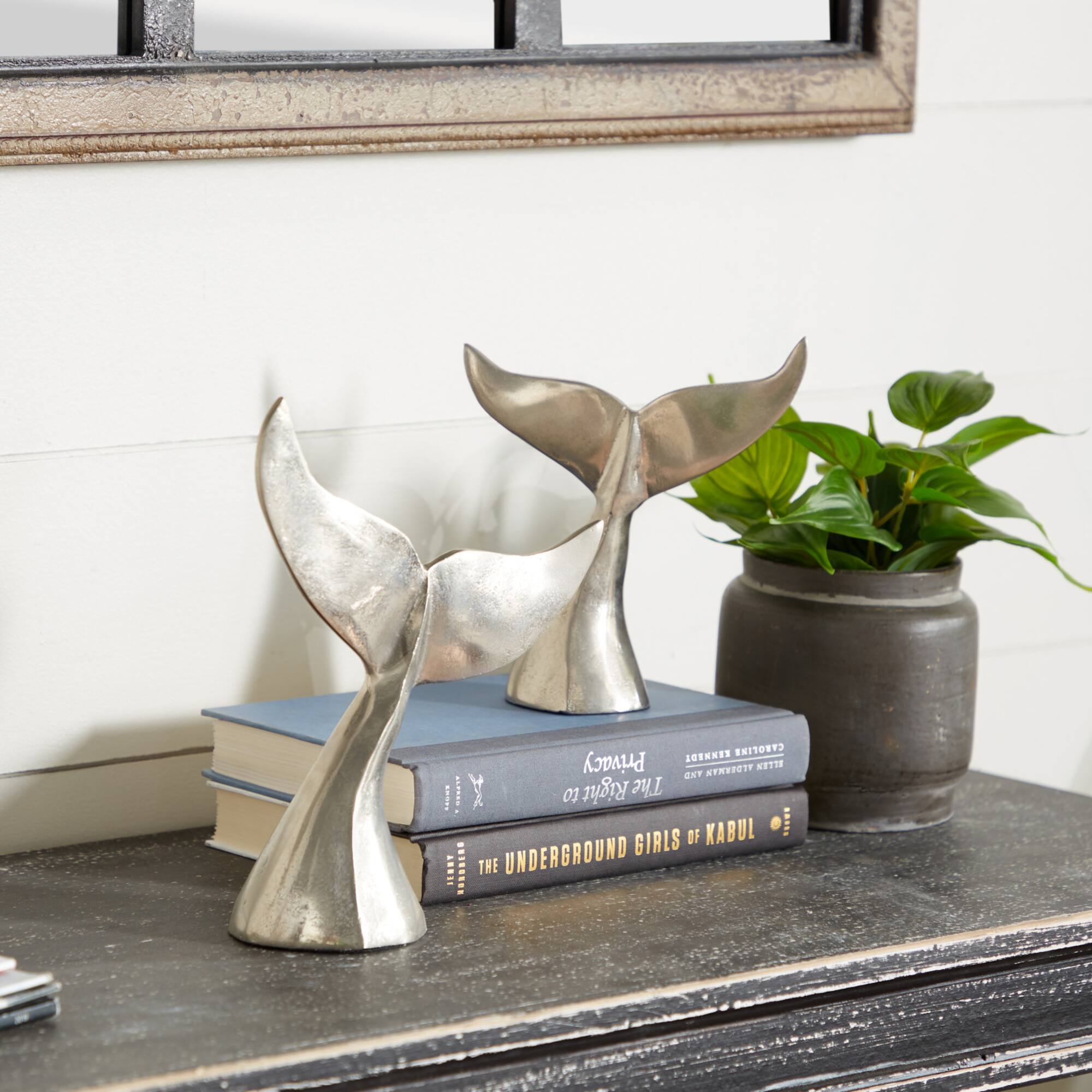 Silver Aluminum Coastal Whale Fluke Sculpture Set
